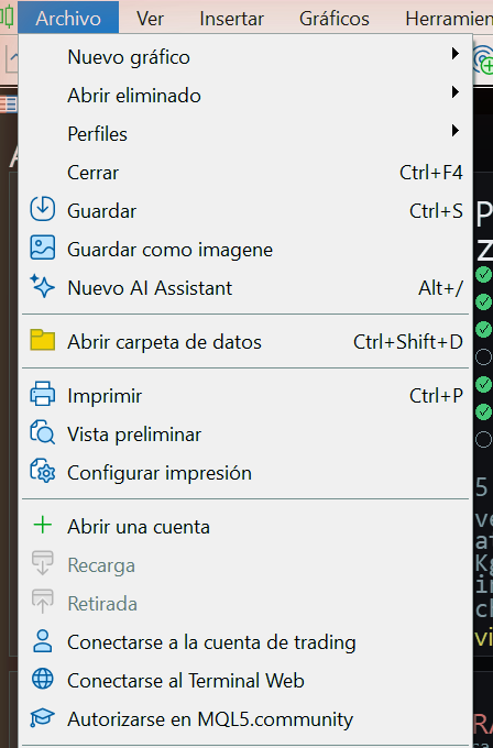 El menú Archivo de MT5 con la opción «Abrir carpeta de datos»