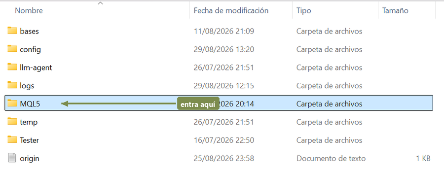 La carpeta de datos abierta, con una flecha señalando MQL5