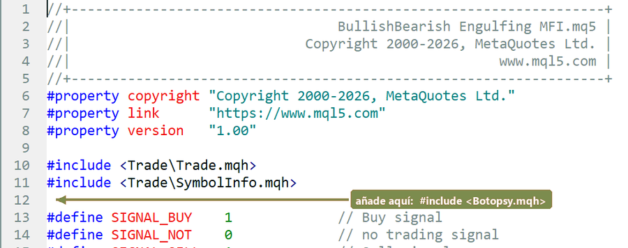 La cabecera de un .mq5 en MetaEditor, con la línea #include añadida entre las demás